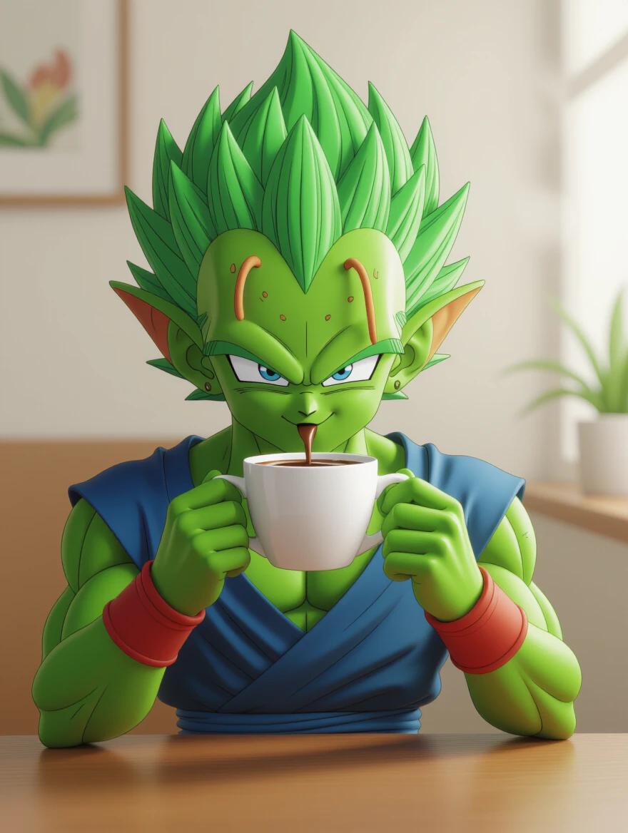 Piccolo character from Dragon Ball Z sitting at a table drinking coffee. Focus on expression and detail, hyperrealistic style.