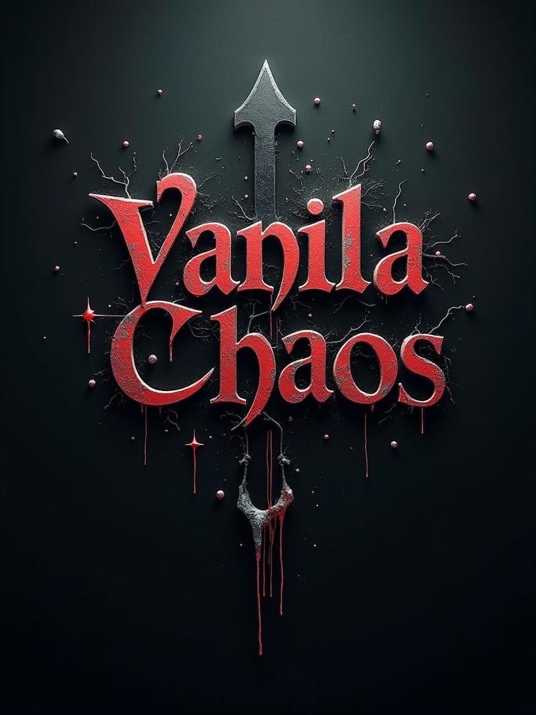 Logo for Vanilla Chaos. Dark moody atmosphere. Chaotic and disordered theme. Red lettering with dripping effects. Background in deep black.