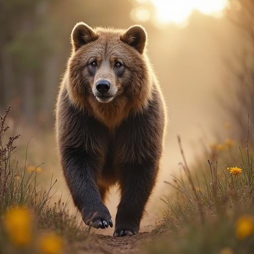 A bear running through a meadow with flowers.