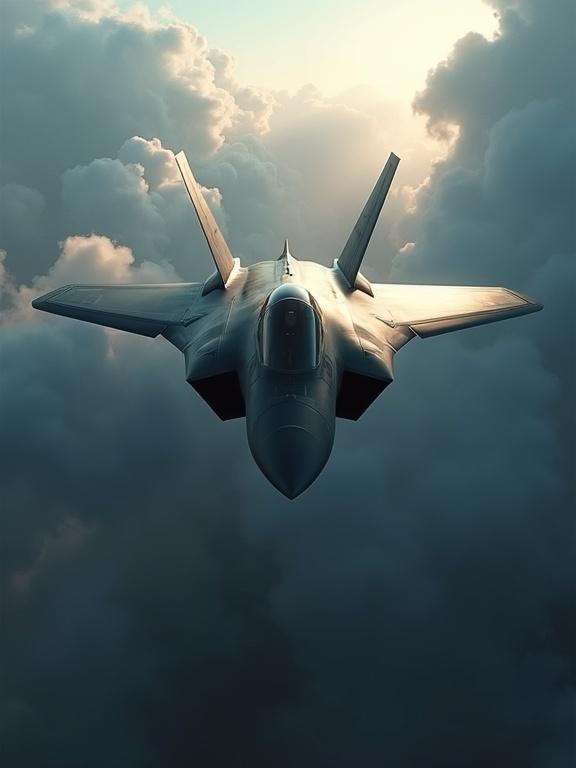 Hyper-realistic render of a stealth fighter jet soaring through turbulent storm clouds captured from a low-angle front perspective. The aircraft is sleek and dark with angular surfaces and military insignia. Vapor trails follow its wings piercing through the atmosphere. Lighting is moody with sun rays behind heavy clouds reflecting off the jet. Ultra-detailed emphasizing design, panel lines, and canopy reflections. High contrast and cinematic depth in 8K.