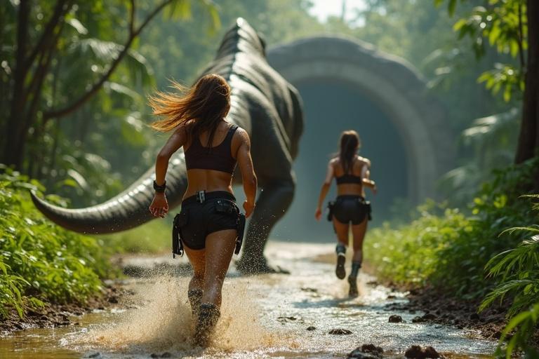 A dramatic chase in a jungle featuring a T-Rex and a woman running towards a cave. The scene captures the tension and urgency of the moment. The T-Rex looms large while the woman splashes through mud, highlighting the primal stakes involved.