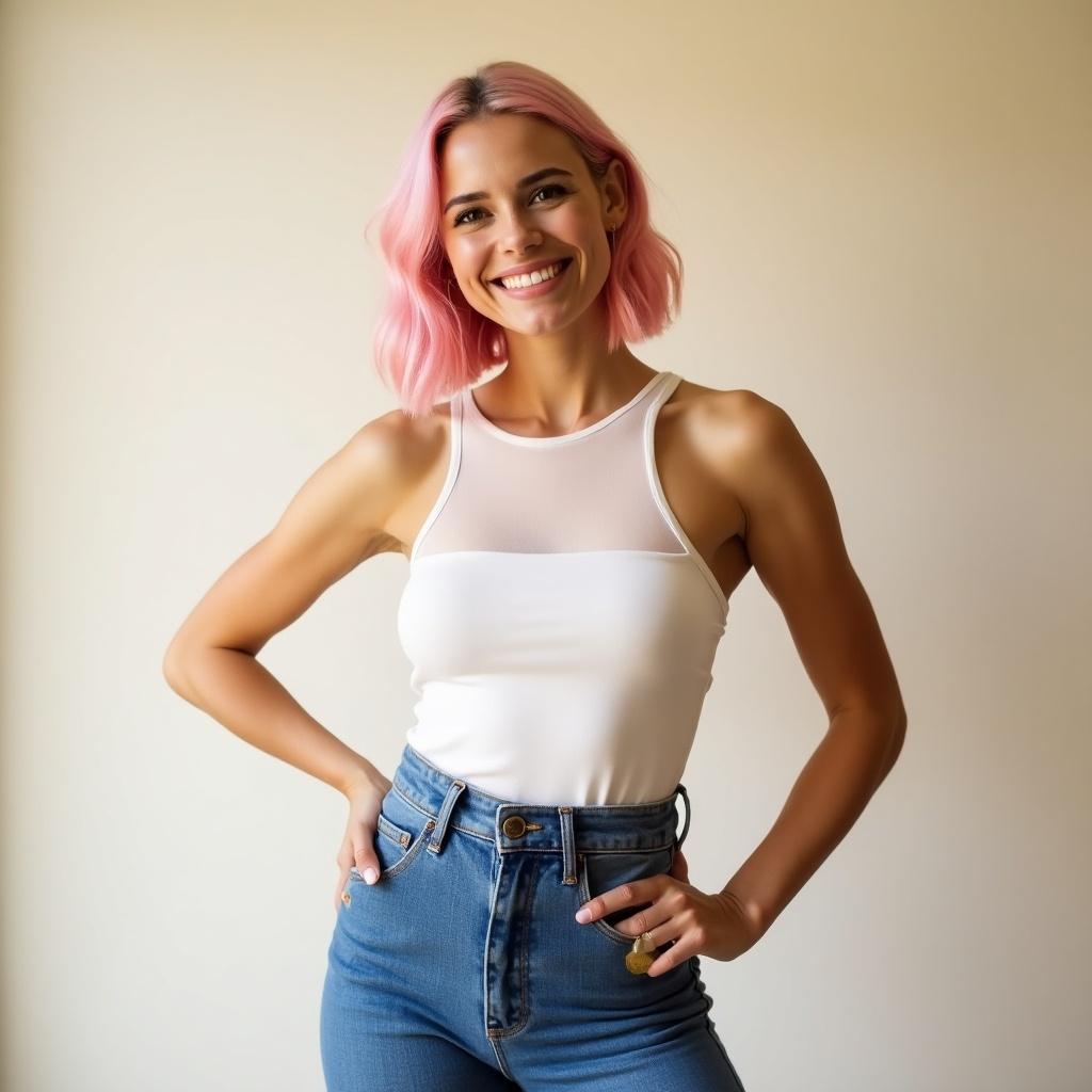 A young woman stands confidently in front of a simple background. She has bobbed hair with pink highlights and a bright smile. She wears a white sheer tank top and high-waisted blue jeans. Her posture is relaxed with hands on hips. The lighting is warm and inviting, emphasizing her joyful expression and beauty.