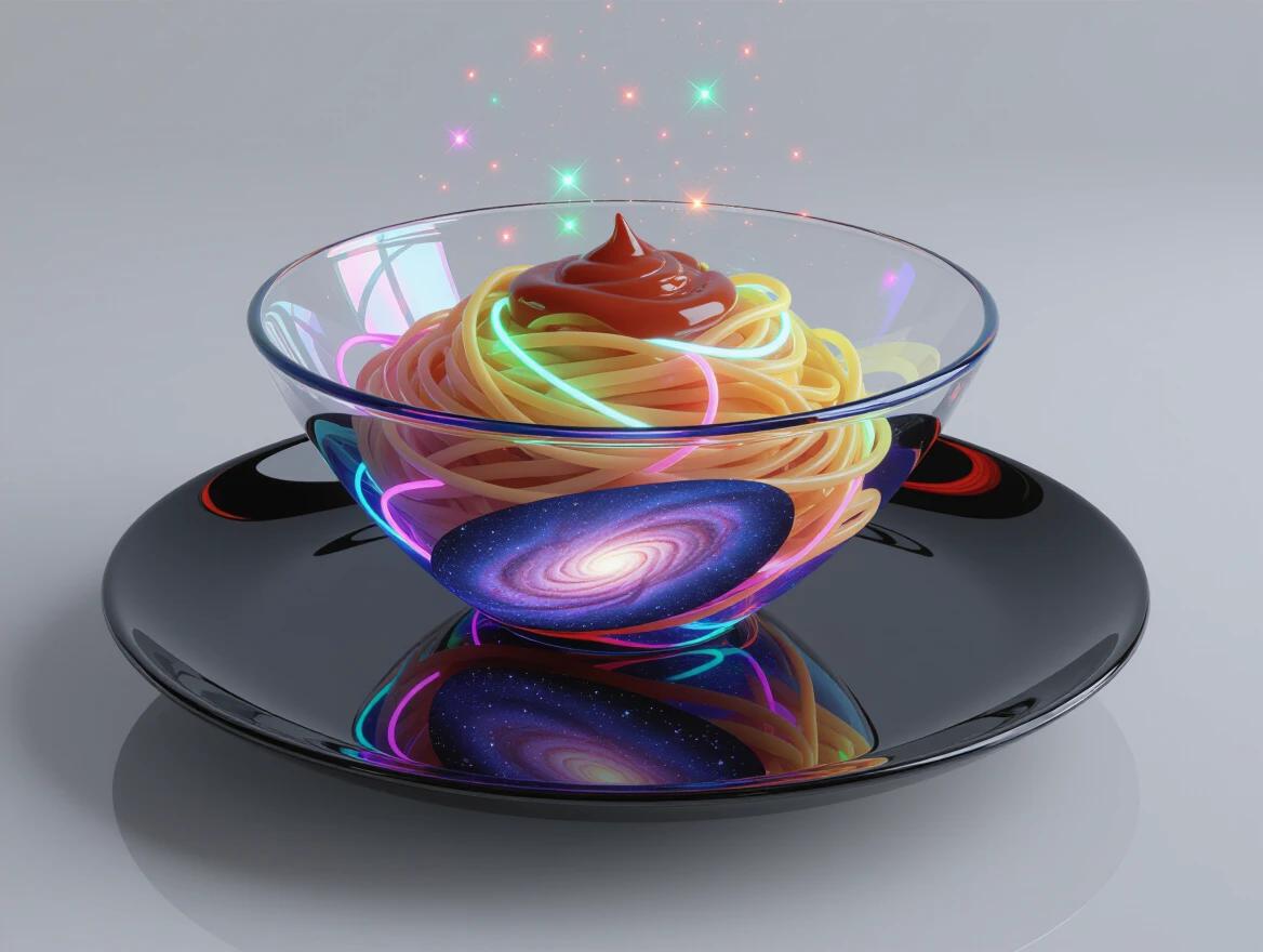 3D image of spaghetti as glowing ribbons of light. Swirling galaxy for sauce. Displayed on a black reflective plate. Features cosmic energy and surreal elements. Photorealistic and vibrant colors.