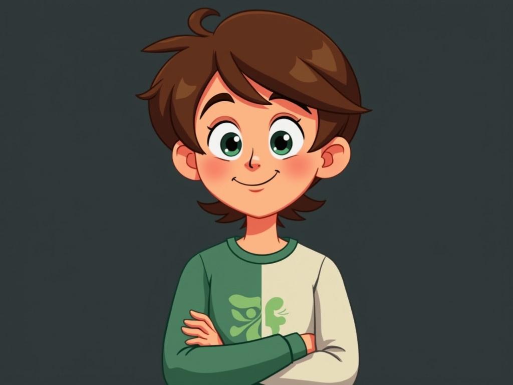 The image features a cartoon character with brown hair styled in a casual manner. The character has a friendly demeanor, emphasizing a youthful appearance. They are wearing a green and white long-sleeve shirt, which gives off a casual, relaxed vibe. The character's arms are crossed, suggesting confidence. The background is simple and dark, which helps to highlight the character's features and outfit.