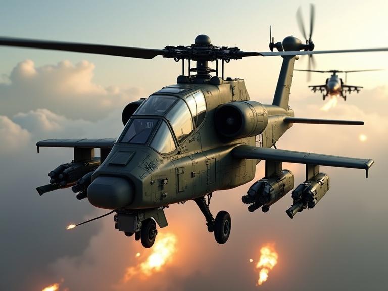 Military attack helicopter hovering in mid-air. AH-64 Apache with dark gray and olive green camouflage. Detailed engine and weapon systems. Fire and smoke trails visible beneath. Realistic lighting and dynamic composition. Military jets in the background. High angle view with stunning details and reflections.