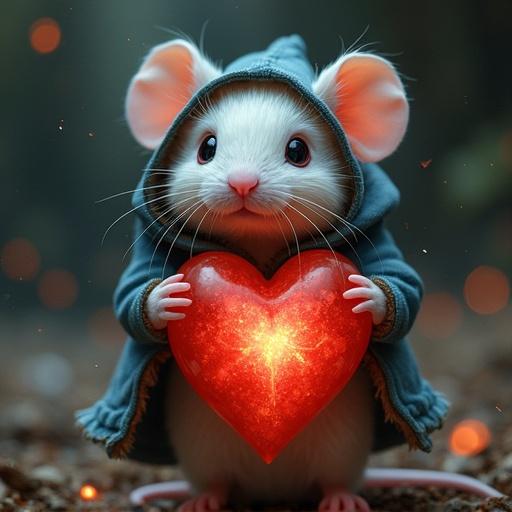 Small white mouse in a blue cloak holds a glowing heart surrounded by warm caverns and magic. Soft warm lighting creates a nostalgic photo effect.