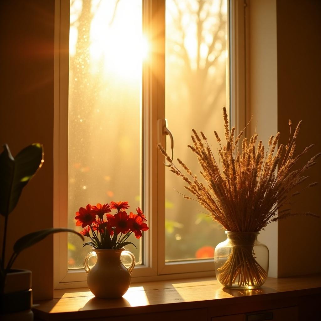 Sunlight filters through a window. Vase with vibrant flowers in the foreground. Gentle golden hue in the room. Silhouettes of trees visible outside. Evokes warmth and tranquility.