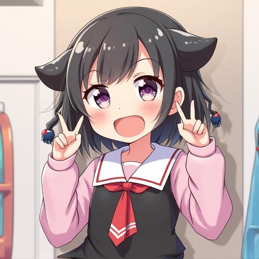 Girl with cat ears smiling and making peace signs. Bright colors and playful expression. Set in a room with a casual background. Anime-style illustration. Cheerful and youthful theme.