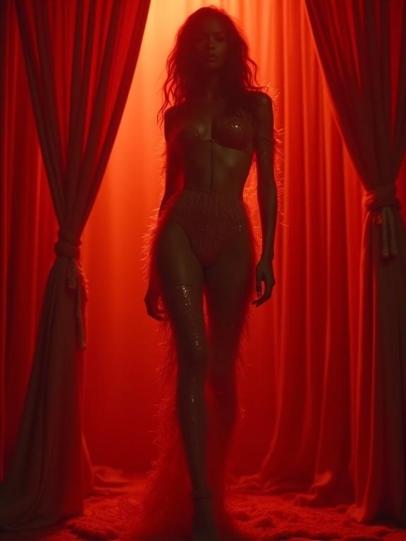 Model poses confidently in a hairy catsuit with open legs. Crimson drapes in the background create a dramatic effect. Chiaroscuro lighting emphasizes the silhouette. The atmosphere is cinematic with hints of sci-fi.