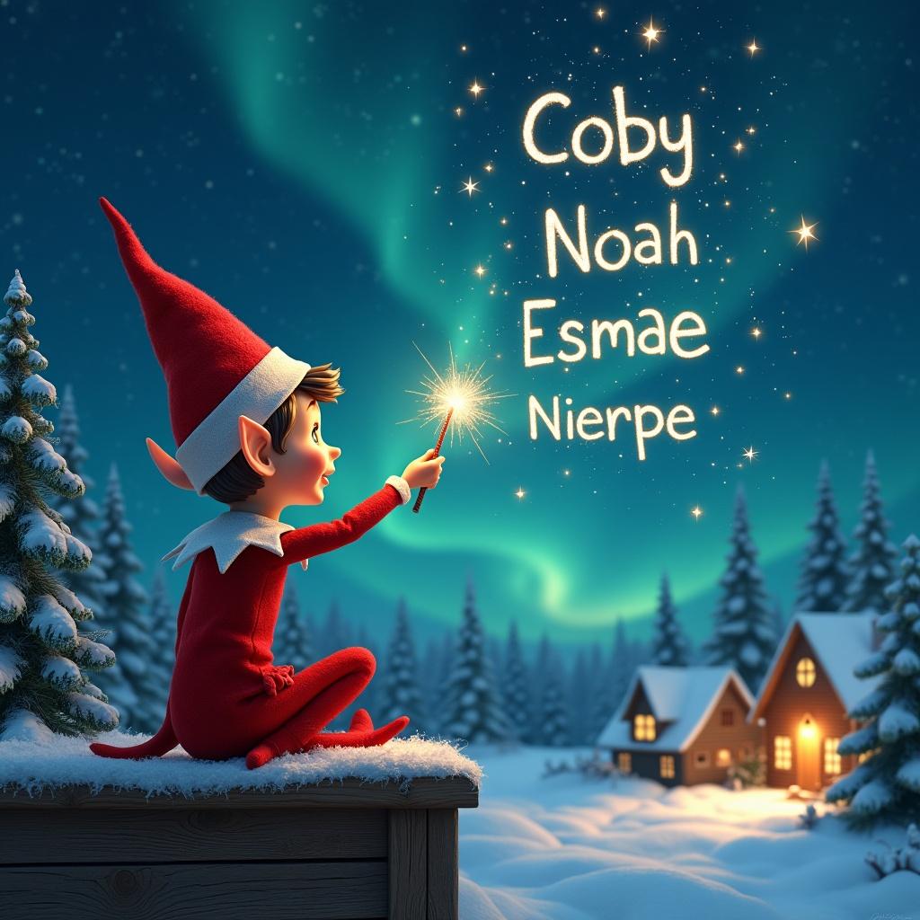 An elf sits on a wooden ledge with its back to the camera. The elf wears a red outfit and a pointed hat. The elf holds a sparkling wand and writes names in the starry sky. The background has a snowy landscape with houses and evergreen trees under the Northern Lights.