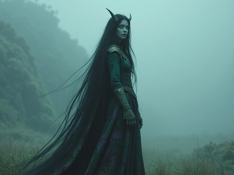 full body shot of an unearthly beautiful female elven goddess with long black hair and glowing light grey eyes in colorful medieval clothes standing in a foggy landscape