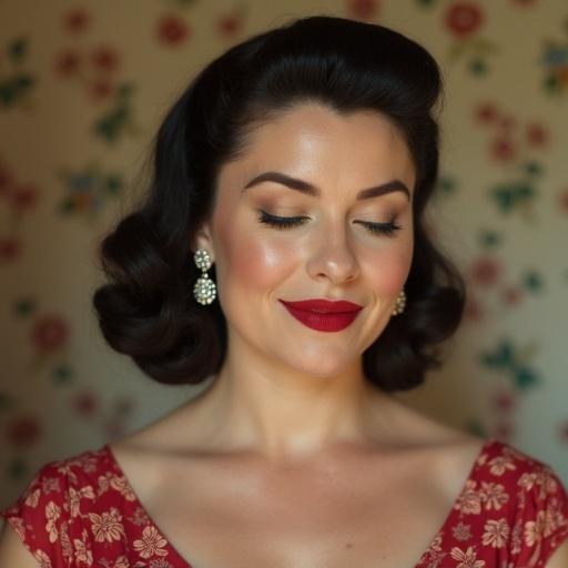 Charming housewife with a 50s hairstyle in a floral background. She has closed eyes and a shy smile. Diamond earrings and big red lips. She resembles a classic movie star.