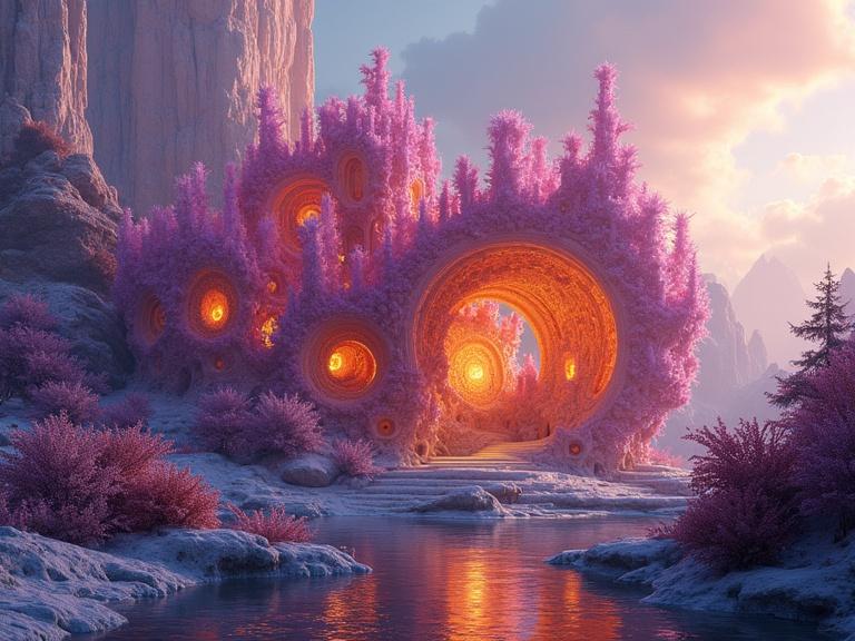 Fractal inspired architecture made of ametrine. Features glowing elements and colorful natural surroundings.