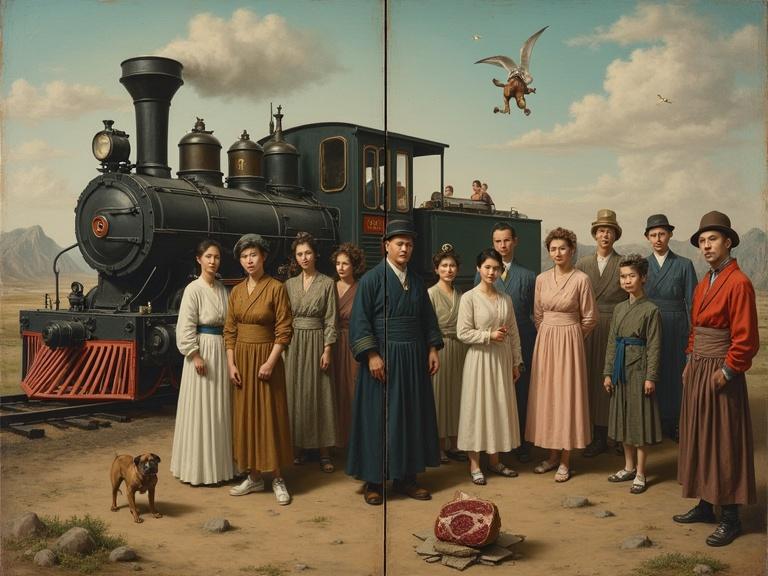 A surreal and oddly composed oil painting divided into two panels. The scene presents a group of figures in a disjointed and dreamlike setting, blending historical portraiture with modern and bizarre details.