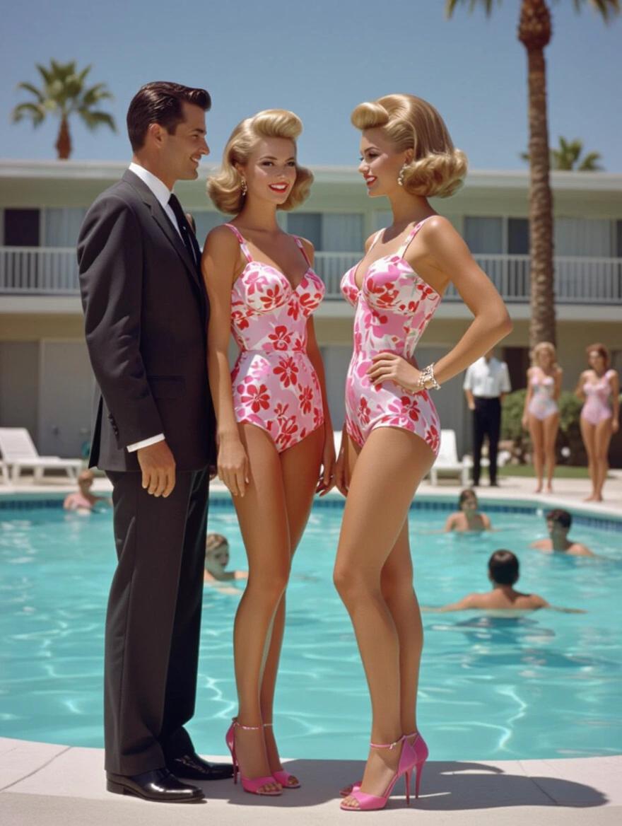 Photorealistic image of two women standing beside a man in a suit by a pool. They wear pink floral swimsuits and high heels. Men and women swim and relax in the background. Scene is set in a Las Vegas motel area. Bright light accentuates their outfits and style.