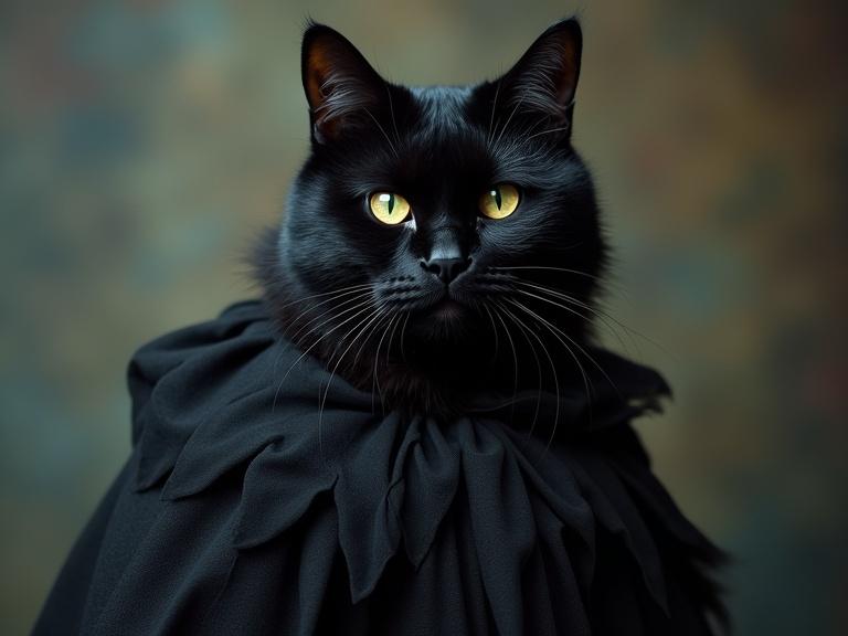 Realistic depiction of a black cat dressed as a sorcerer. Cat wears a flowing black cape. Cat's fur is sleek and shiny. Emphasize bright yellow eyes and facial expressions.