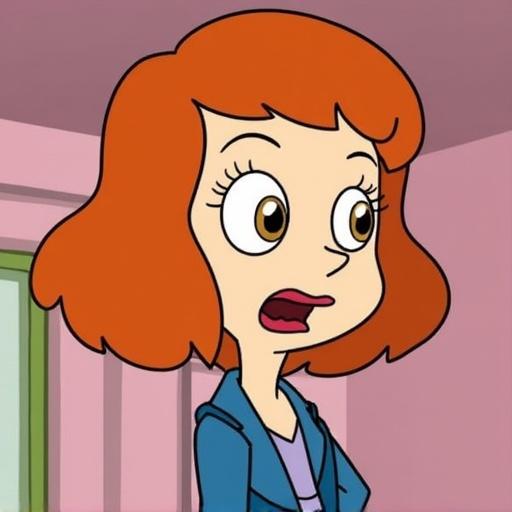 Regina Abbott from the cartoon Twelve Forever. Animated character with orange hair, expressive eyes, and a blue outfit. Set in a colorful environment. She appears surprised and concerned.
