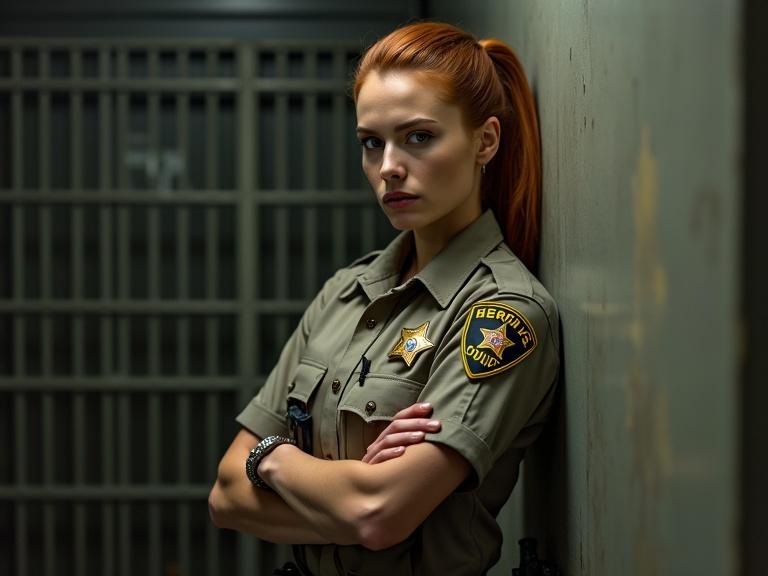 A serious looking female deputy with natural red hair tied back in a ponytail stands confidently inside a police station. Metal bars are visible in the background. She wears a sheriff's deputy uniform with a badge and utility belt. Her posture is upright, arms crossed. The lighting is slightly moody, highlighting her stern expression. The environment is professional with concrete and steel textures. She holds handcuffs in her hand.