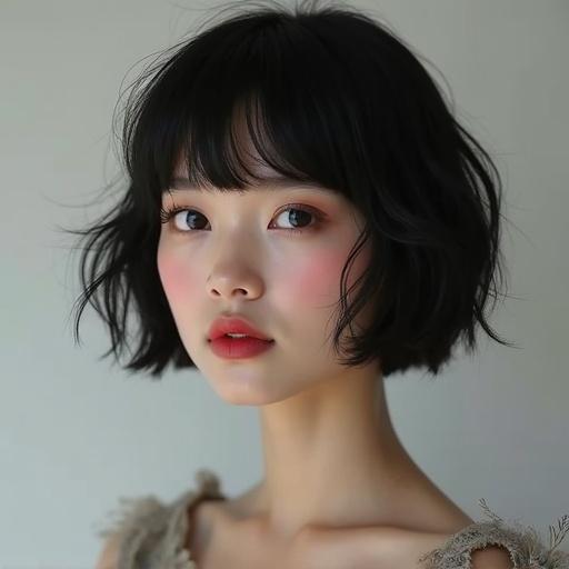 A woman in her 40s with short black hair wearing glasses. She has a slim figure and a minimalist style. The photo showcases her hairstyle and overall aesthetic.