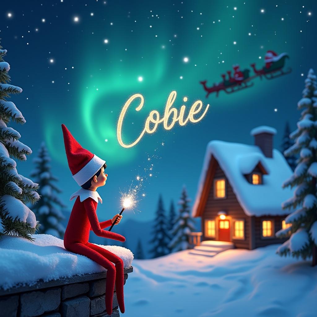 An elf on the shelf sits on a snowy ledge. The elf faces the viewer. He gazes up at a starry night sky with northern lights. He holds a wand, writing Cobie in the air. A cozy cabin glows in the background. Santa and his sleigh fly across the sky. The image reflects Christmas joy and magic.