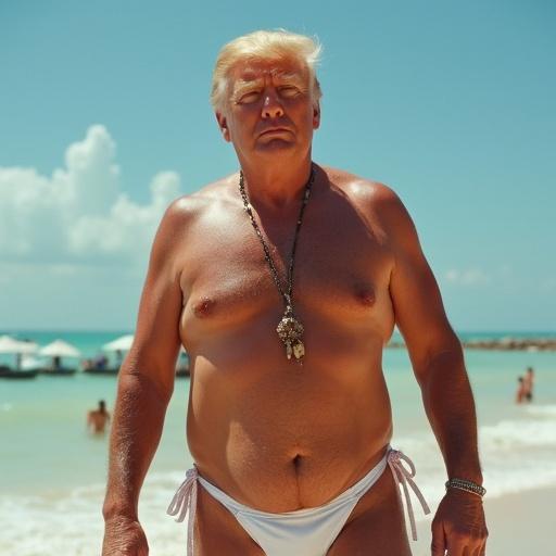 An older man in a bikini enjoys sunbathing on a beach. He has short blonde hair and wears sunglasses. Clear blue sky and beach background are visible.