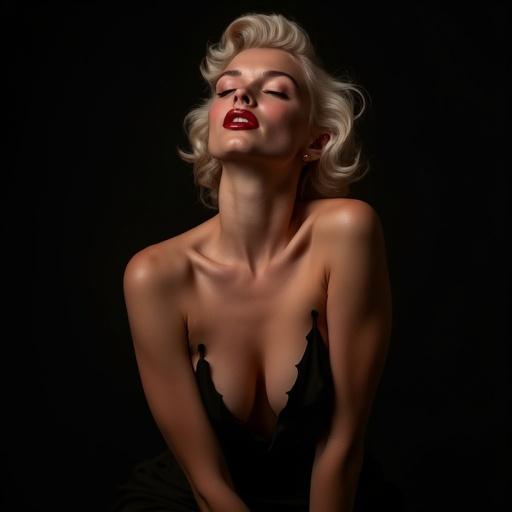 A portrait of a woman in a dynamic pose. The background is black. Focus on the beautiful chest and glowing skin. The style resembles that of iconic artist Marilyn Monroe.