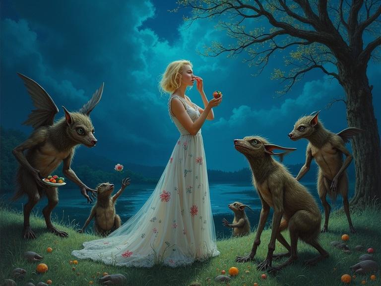 A surreal scene with a blonde woman in a flowing floral gown surrounded by goblins under a deep blue night sky. The atmosphere blends beauty and disquiet with various strange elements.