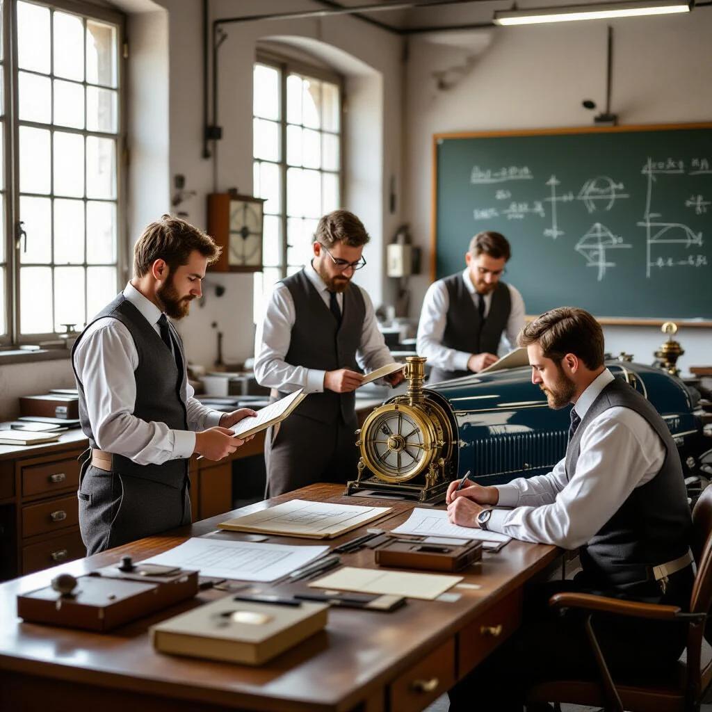 1925 Bugatti workshop scene with engineers in wool waistcoats. Engineers measuring Bugatti Type 35 chassis. Man calculating with slide rule at an oak drafting table. Another engineer records data in a leather ledger. Desks cluttered with blueprints and pistons. Chalkboards filled with equations. Sunlight illuminating dust in the factory. Detailed textures of wood and aluminum shine. Cinematic rim lighting focuses on differential measurements. Vintage tools and a wall calendar indicating significant date.