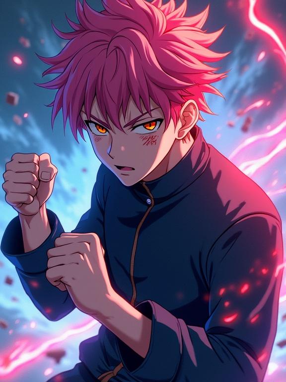Yuji Itadori displayed in a heroic stance with pink hair and amber eyes. The character wears a dark blue uniform jacket and has clenched fists. Red cursed energy crackles around him. Sukuna's markings glow subtly on his face. The scene is filled with vibrant red and orange aura set against a cool blue and purple background. The art style is ultra detailed and cinematic with an emphasis on energy effects.