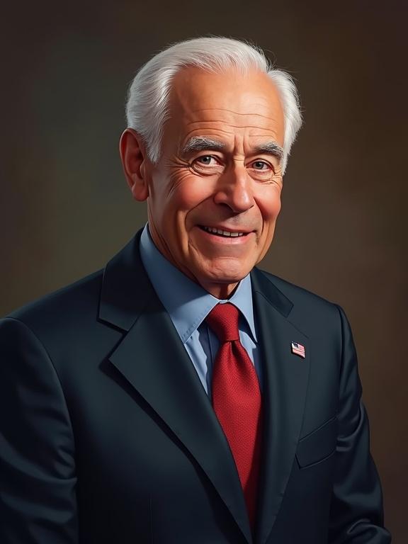 Ultra realistic portrait of Joe Biden. Formal suit with a red tie. American flag pin on the lapel. Neutral background. Conveying professionalism and authority.