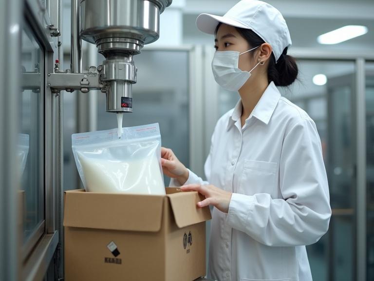 At a food factory, a Japanese female worker operates a liquid filling machine. She is wearing clean white clothes, a hat, and a mask. The factory setting is bright and sterile. A 5-gallon Bag-in-Box container is used for filling liquid. A plastic inner bag is placed inside a cardboard box. The liquid is being filled from the input port.