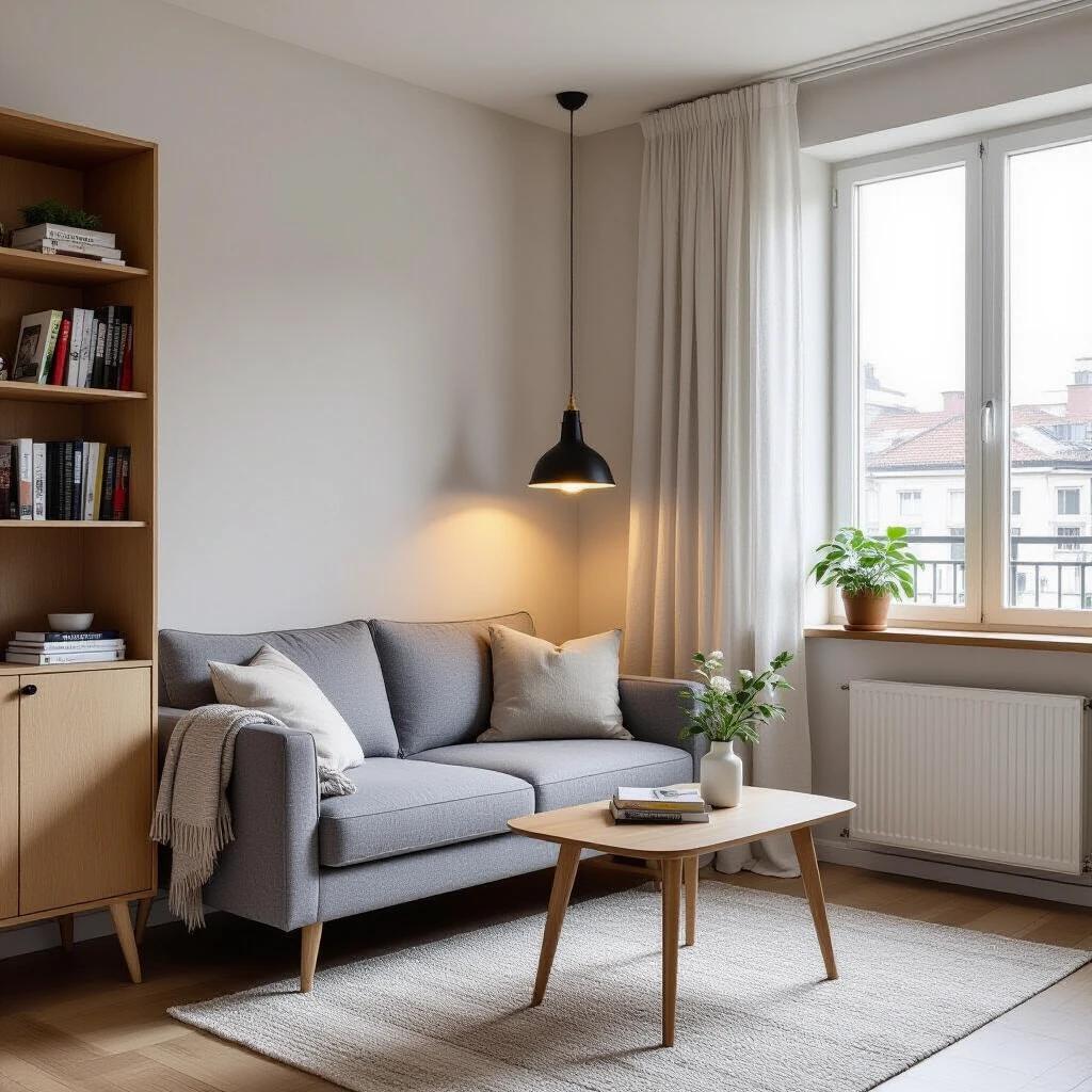 Simple living room with a gray sofa. Center table in front. Small bookshelf filled with books. White curtain decorating the window.