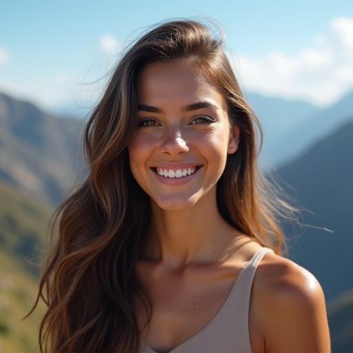 A young woman smiling brightly on a mountain. Natural scenery in the background. Bright sunlight highlights her features.