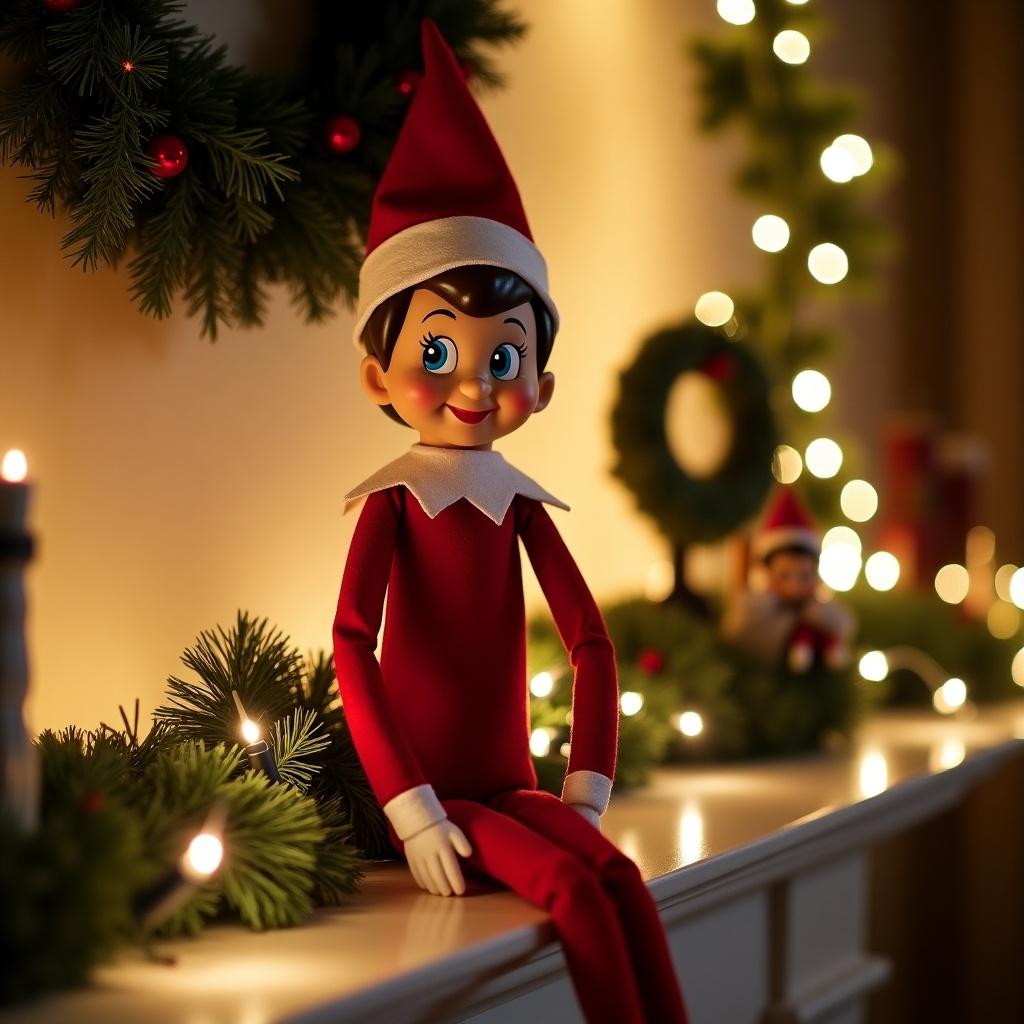 The image features a cheerful elf on the shelf named Mickey, sitting on a mantel. Dressed in a classic red outfit with a white collar and hat, the elf has a friendly smile that captures the magic of the holiday season. Surrounding Mickey are festive decorations, including a wreath and Christmas lights that create a warm ambiance. The background glows softly with lights, enhancing the cozy holiday feel. This enchanting scene embodies the spirit of Christmas and family traditions, inviting joy and nostalgia.