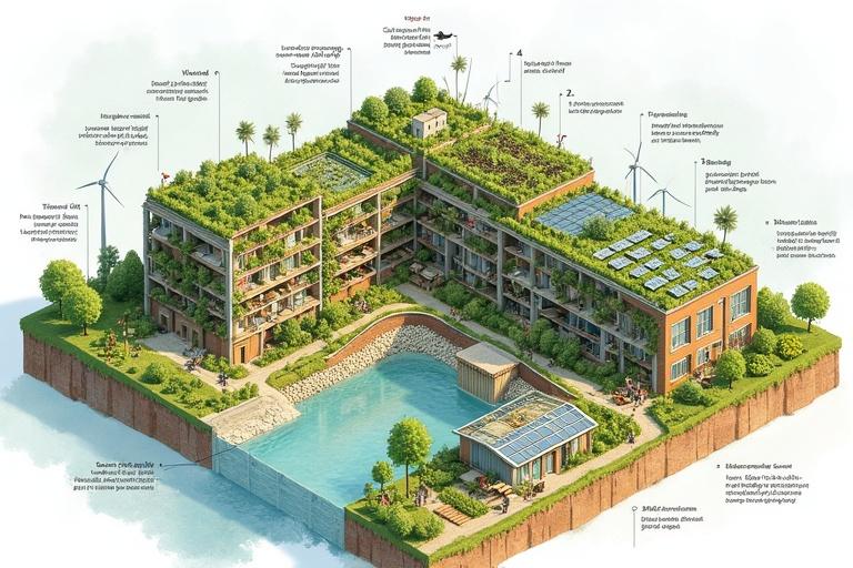 Isometric illustration of sustainable city integrated with nature. Vertical farms wind turbines and solar panels are featured. Circular food system includes livestock and greenhouses. Natural water filtration systems present. Diverse housing styles displayed. Watercolor style used to render the scene. Dutch text labels indicate each element. Trees and open spaces surround the building.