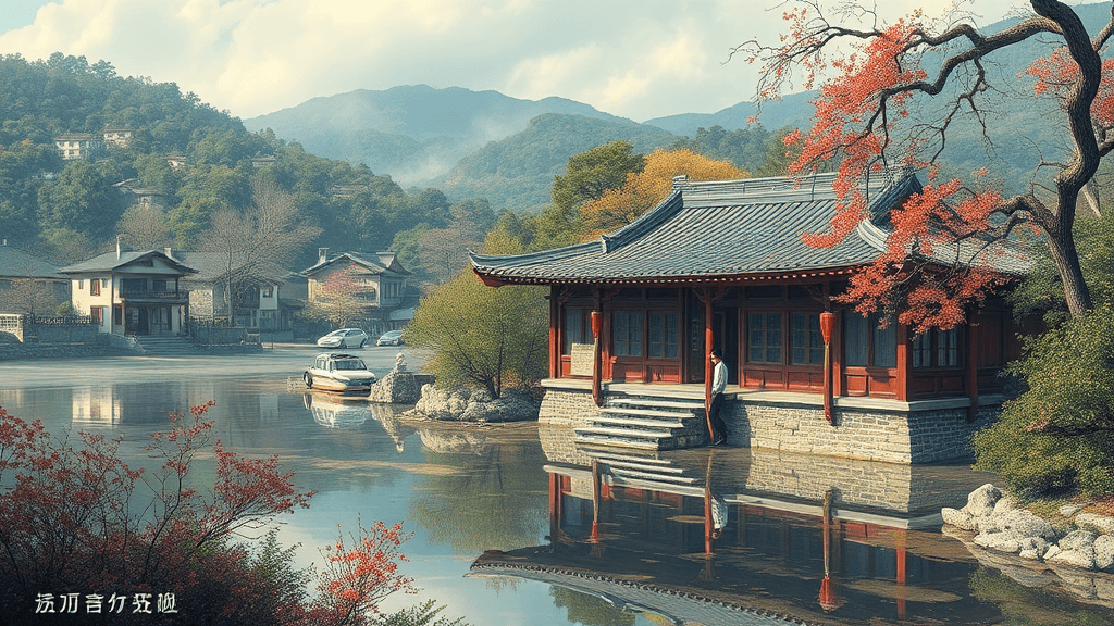 A serene lakeside scene with traditional architecture surrounded by trees in autumn colors.