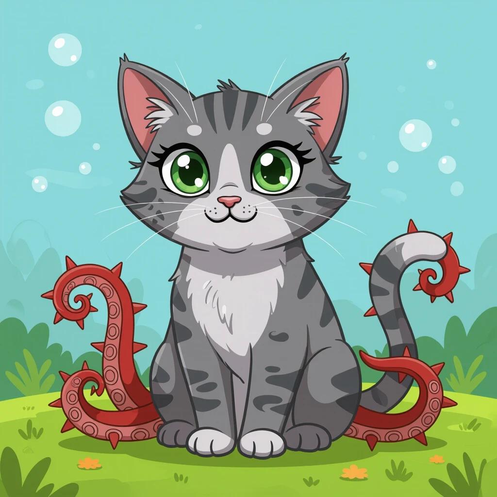 Cartoon style cat with thorn tentacles. Green eyes and a friendly expression. Cat is sitting on green grass with a blue background and bubbles.