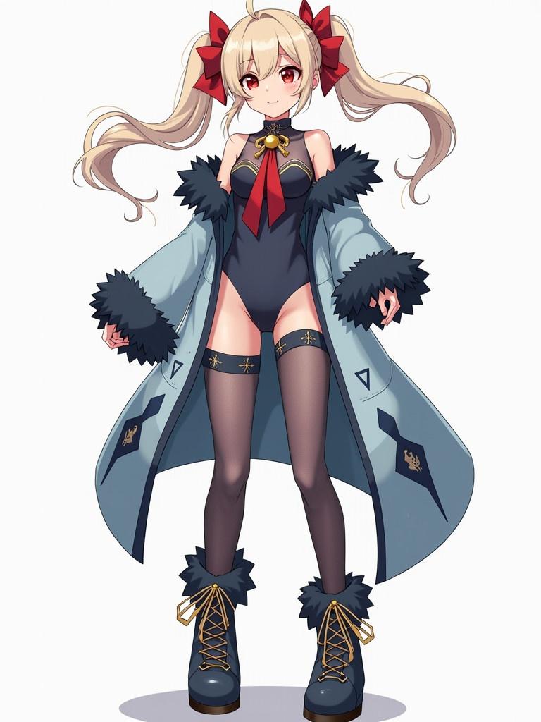 Character design inspired by Genshin Impact. Tall female with fair skin and red eyes. Blonde hair styled in two ponytails with red ribbons. Dressed in a dark blue-grey bodysuit and sheer tights. Accessorized with spiky black thigh garters and knee-high boots with fur. Wearing a light blue jacket with fur cuffs and a large red bow. Detailed with dark blue designs on the coat.