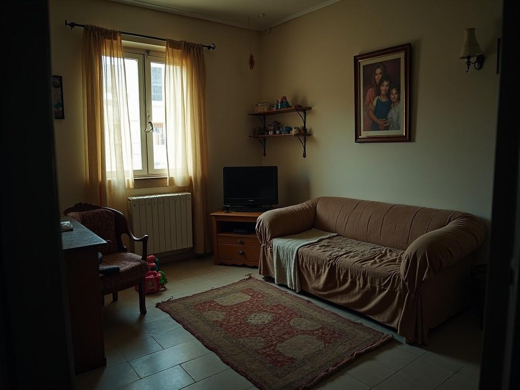 This image features a cozy living room setup, showcasing a comfortable sofa covered with a light blanket, positioned near a window illuminated by soft, natural light. The walls are painted in gentle, neutral tones, and there's a small television on a wooden table across from the couch. A decorative painting hangs on the wall, adding personal touch to the space. Nearby, a bookshelf holds various items, contributing to the room's homey feel. The overall atmosphere is warm and inviting, perfect for family gatherings or quiet moments at home.