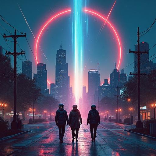 synthwave painting with broad strokes set in a dystopian cyberpunk city at night, featuring characters in cyberpunk headgear crossing a street, unaware of a meteor descending with a luminous beam above them, strong composition