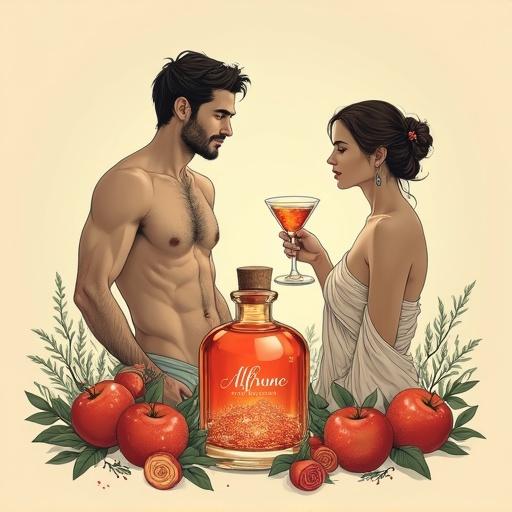 Minimalist screen printing artwork features lush apple-orchard setting. A man in mid-thirties offers toast with cocktail glass to his shirtless partner. She wears a translucent silk wrap, hair in a bun. A lower apothecary bottle with golden-red elixir nearby. Cork lid on top. Tag displays 'ALFRUNO' in script. Two identical glasses flank bottle. Surrounded with roses and green herbs. Beige background. Composed with simple, contrasting strokes.