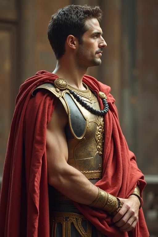 Depiction of a Roman statesman in historical costume with armor and cape. Strong pose suggests leadership. Set in an ancient environment.