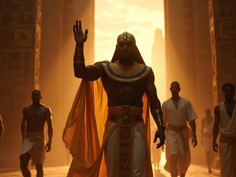 Medium shot of a dark skinned serious pharaoh king emerging from the temple gate in full royal attire. The Pharaoh raises his hand. A high Pharaoh monk leads him. Behind, the Pharaoh's doctor looks confused. Lighting creates a soft torchlight with backlit silhouettes.