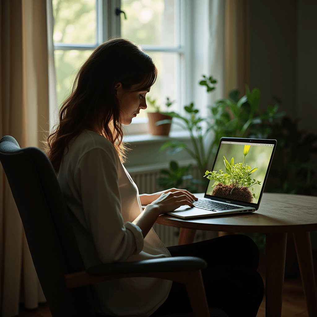 A woman sits at a table typing on a laptop surrounded by potted plants, with sunlight streaming through the window.