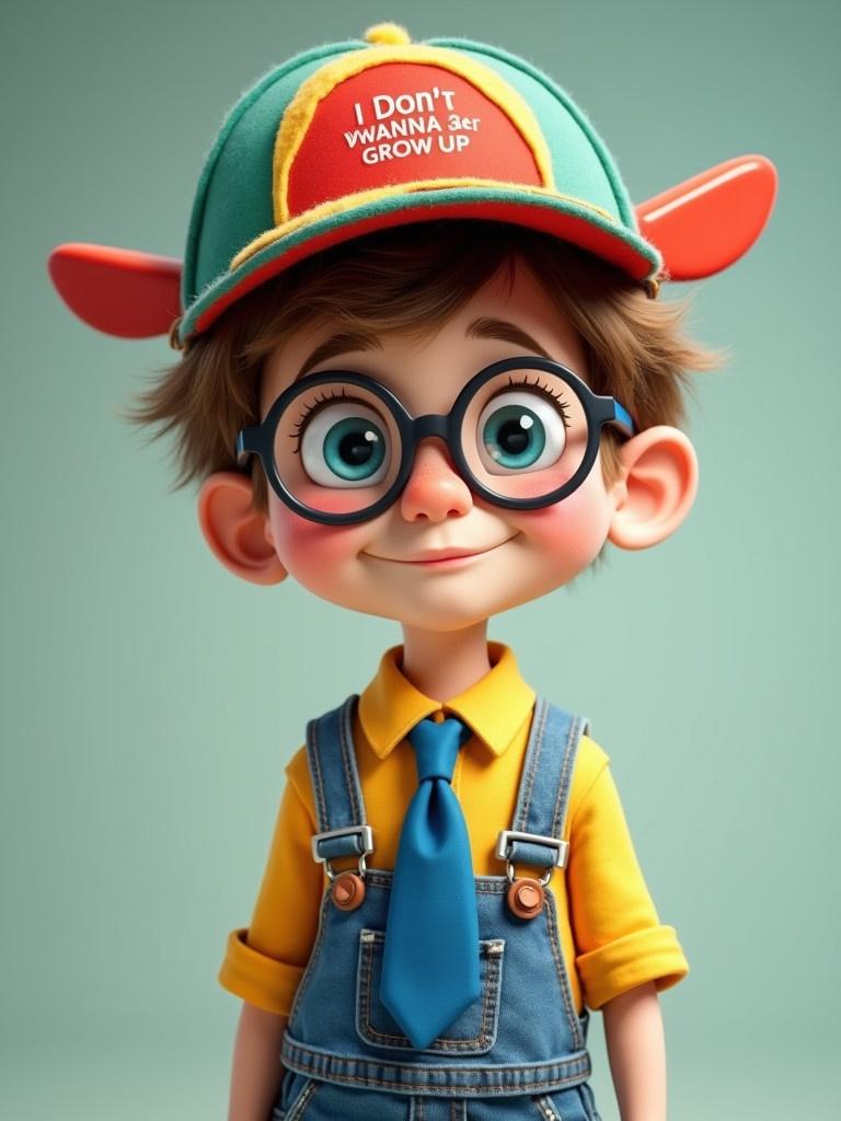 Character is a 10 year old boy. He has brown hair and blue eyes. He wears thick lensed glasses. He has on a propeller hat. The hat has "I don't wanna grow up" written on it. He wears overalls, a yellow shirt, and a blue tie. He is friendly and imaginative. He loves to have fun.