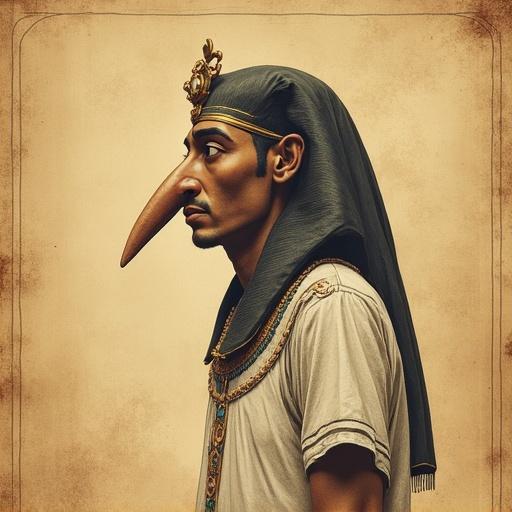 Vintage style man with a big nose in Egyptian attire. Pencil drawing on flat colored background. Ancient manuscript texture. Distinct outlined edges. No contemporary elements. Vintage muted colors. Canvas-like overall texture.