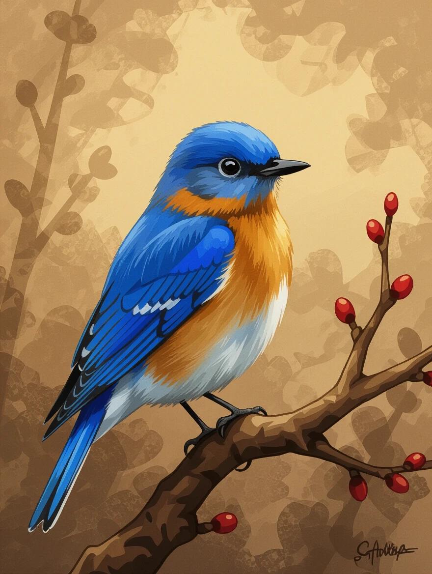 Colorful bluebird perched on branch. Styled like Rembrandt. Illustration shows vibrant feathers and details. Background features soft patterns. Emphasis on the bird's beautiful colors.