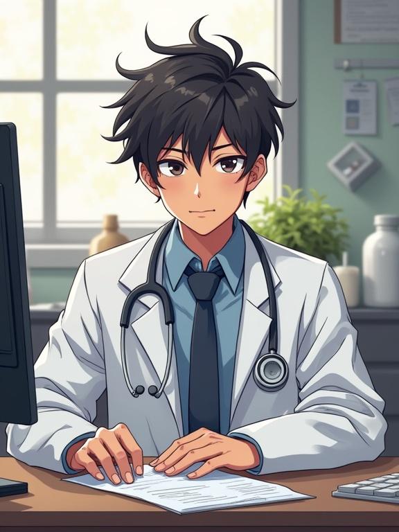 illustration of a young man in a doctor's coat sitting behind a desk. He has messy hair and a medical stethoscope around his neck. The setting resembles a doctor's office with a sense of aloofness.