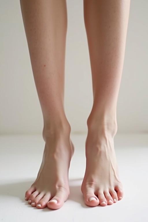 Thin woman's feet. Size nine. Pale white skin. French manicure toenails. Delicate ankles. Long legs. Unique arch.