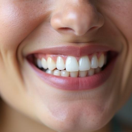 Close-up image of a person smiling. The focus is on perfect white teeth. The smile is bright and inviting.